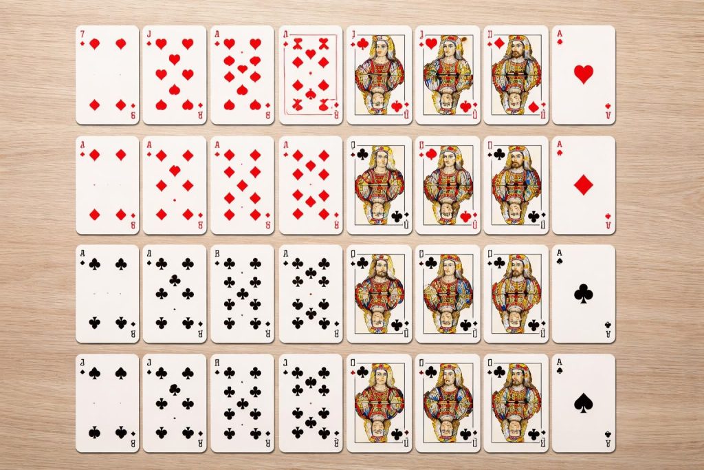 découvrez la composition et le format détaillé d'un jeu de 32 cartes, incluant les différentes cartes, leurs valeurs et leur organisation.