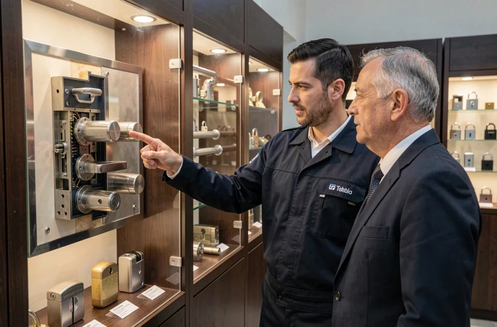 Spécialiste d'AA Action Antivol expliquant un système de serrure haute sécurité à un client dans une boutique de sécurité à Nice