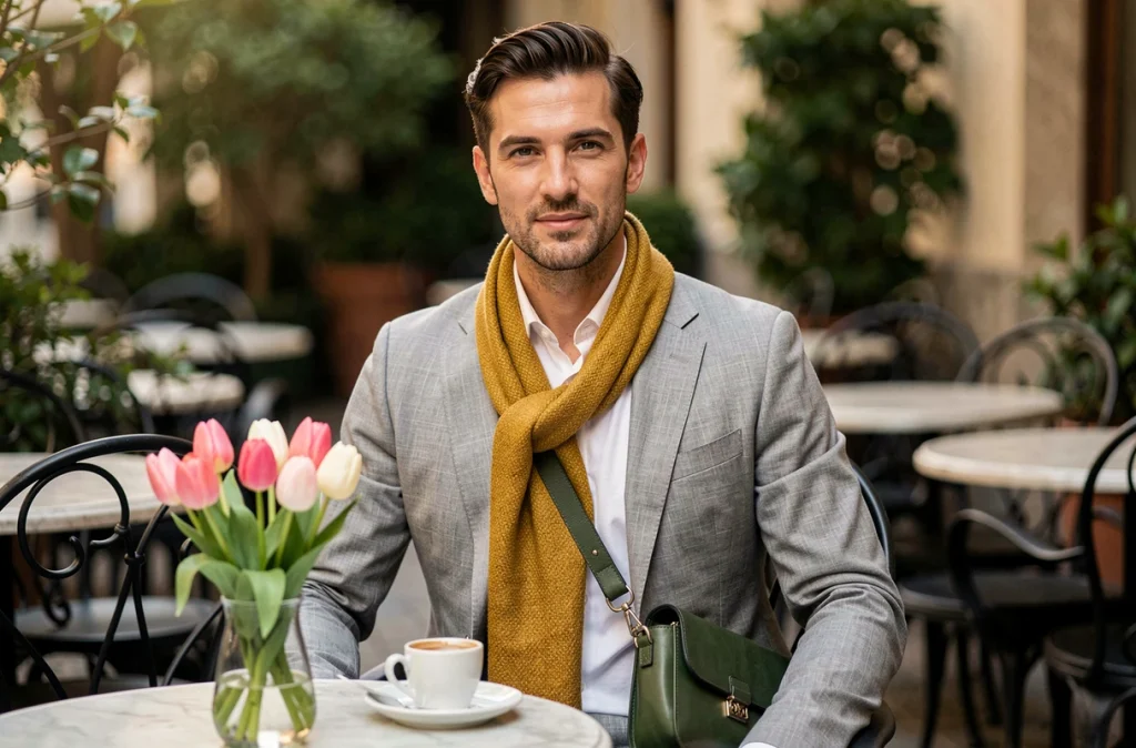 Homme élégant en costume lin gris avec écharpe jaune moutarde et sac bandoulière vert forêt attablé à une terrasse de café au printemps