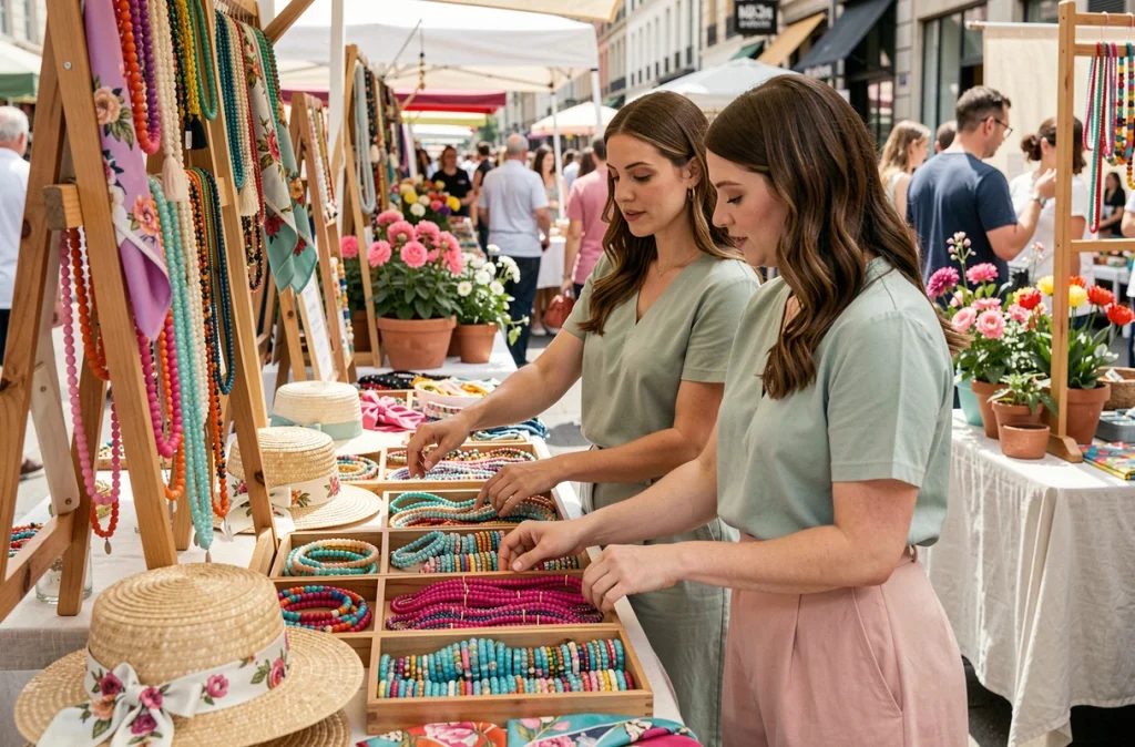 Deux femmes feuilletant des accessoires colorés sur un marché en plein air au printemps, bracelets turquoise et fuchsia, écharpes en soie et chapeaux de paille fleuris