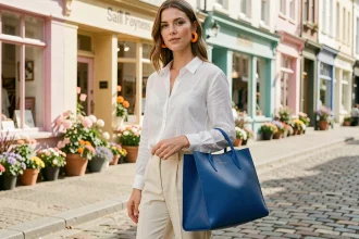 Jeune femme portant un sac en cuir bleu cobalt et des boucles d'oreilles orange tangerine avec une tenue neutre de printemps dans une rue pavée fleurie