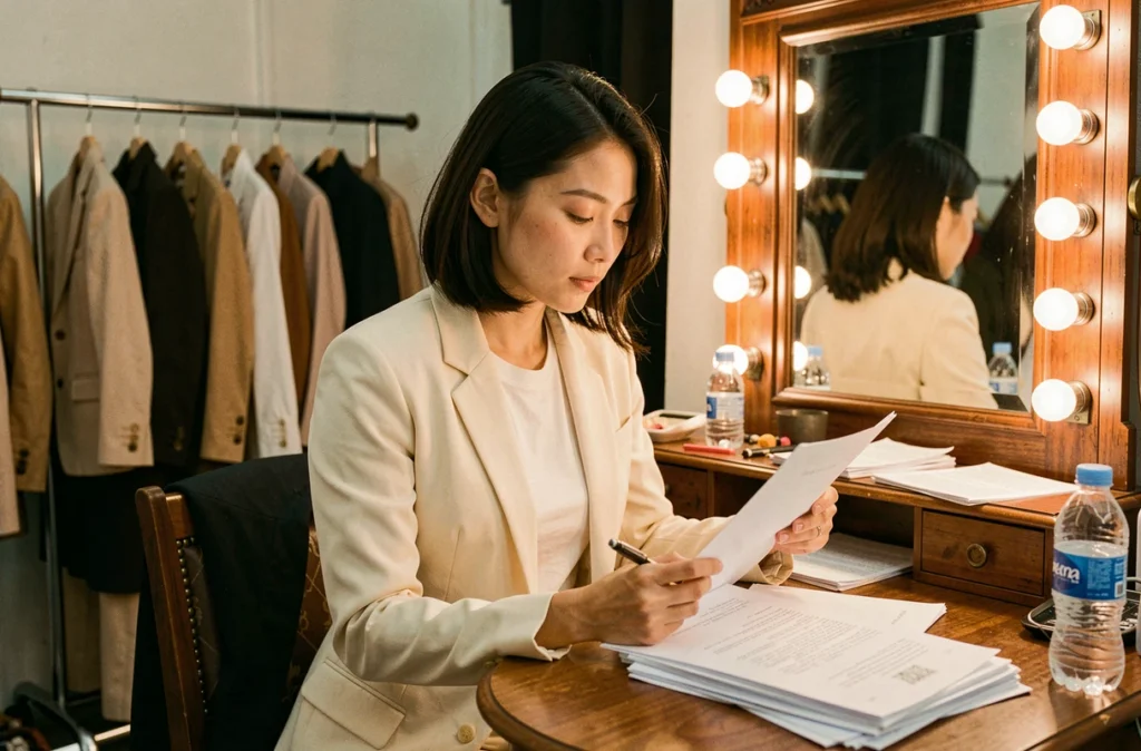 Actrice asiatique en coulisses d'un festival de cinéma, concentrée sur son script dans une loge vintage élégante