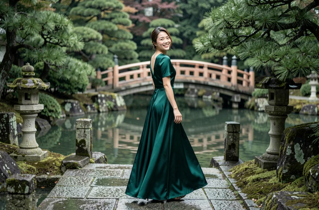 Actrice asiatique en robe de satin vert dans un jardin traditionnel japonais à Kyoto sous la pluie douce