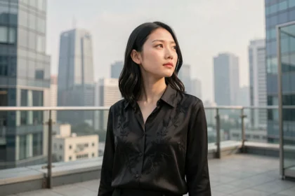 Jeune actrice asiatique élégante sur une terrasse urbaine contemporaine à Séoul, regard confiant vers l'horizon