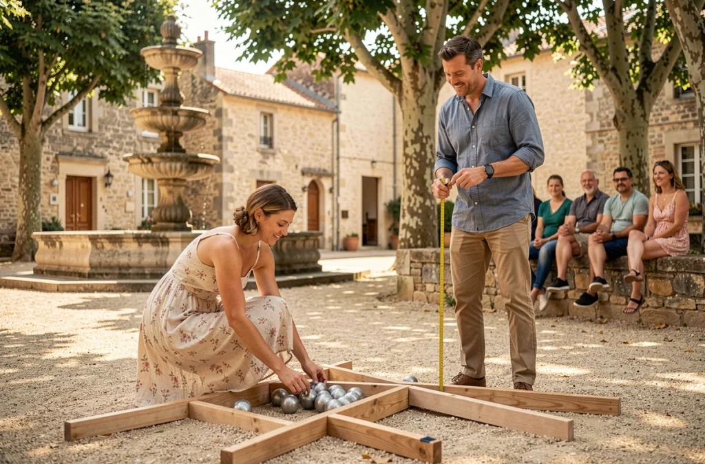 Adultes organisant une partie de pétanque en plein air sur une place de village lors d'une journée de jeux collectifs