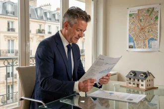 Agent immobilier consultant des documents de défiscalisation dans un bureau moderne à Paris