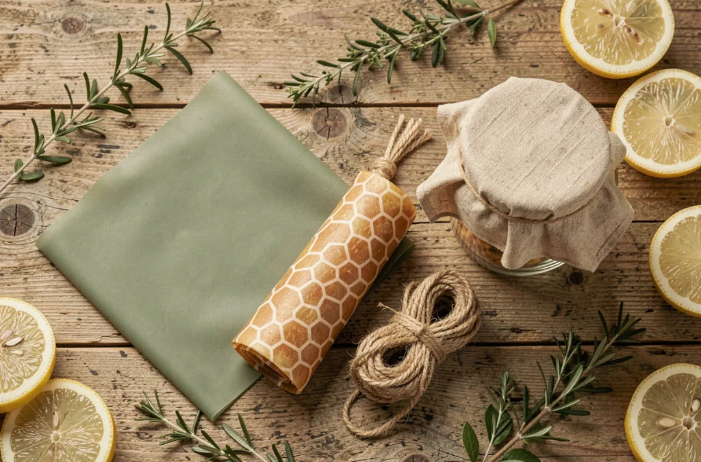 Vue de dessus d'alternatives écologiques au film plastique alimentaire sur une table en bois brut
