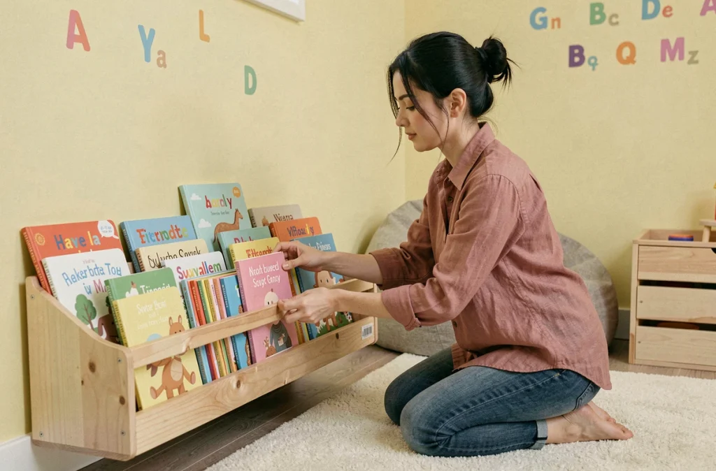 Mère aménageant un présentoir de livres pour enfants dans un coin lecture coloré et ludique de la maison