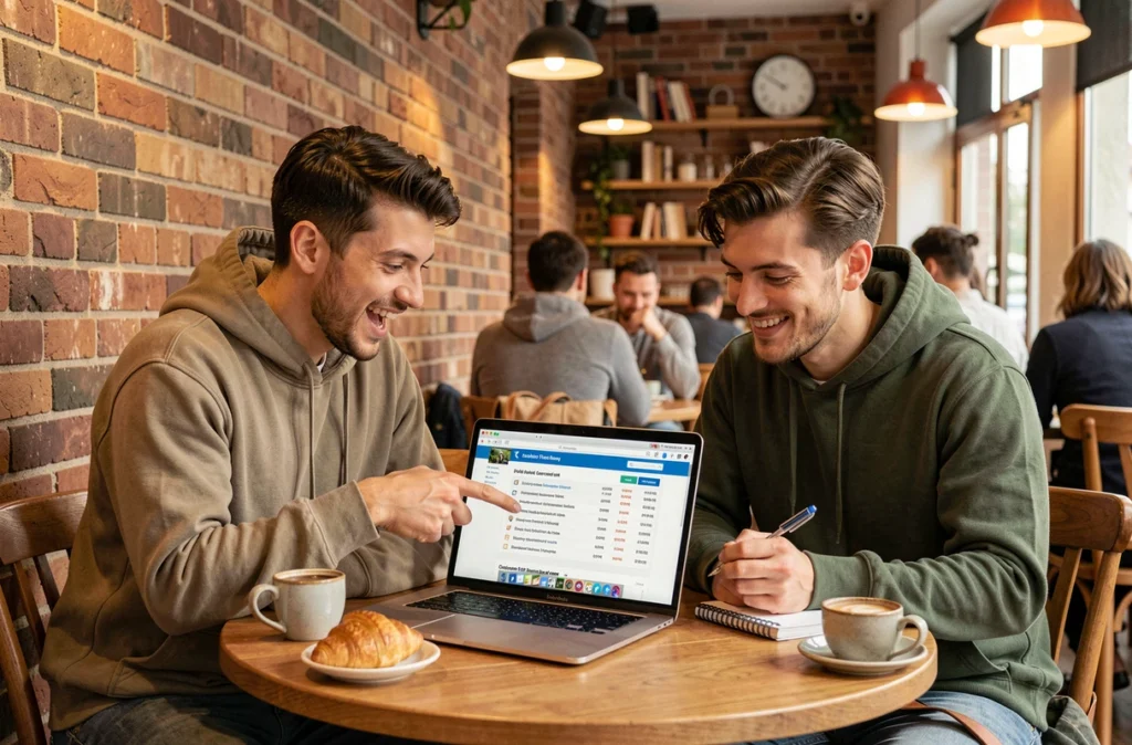 Deux amis consultant un guide de codes de rachat Chapters 2026 dans un café