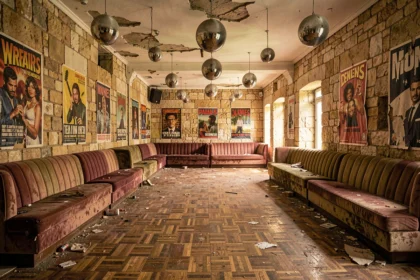 Intérieur abandonné d'une ancienne boîte de nuit du centre-ville d'Aix-en-Provence avec décor des années 80 et boule disco poussiéreuse