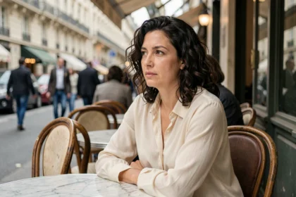 Femme aux cheveux bouclés assise seule en terrasse de café parisien, regard pensif évoquant une relation amoureuse incertaine