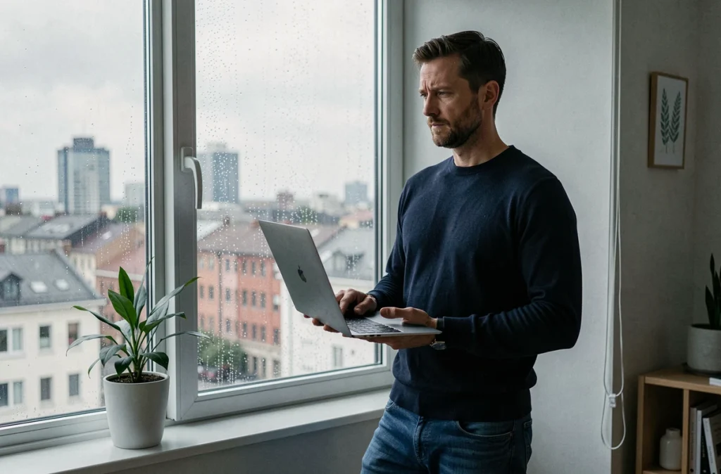 Homme préservant son anonymat en ligne depuis son appartement moderne avec un ordinateur portable