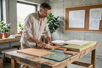 Architecte examinant des échantillons de matériaux écologiques comme le liège, la brique de terre compressée et le chanvre dans un studio d'architecture durable