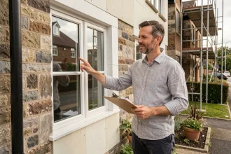 Architecte pointant les nouvelles fenêtres à double vitrage lors d'une rénovation énergétique d'une maison avant sa mise en vente