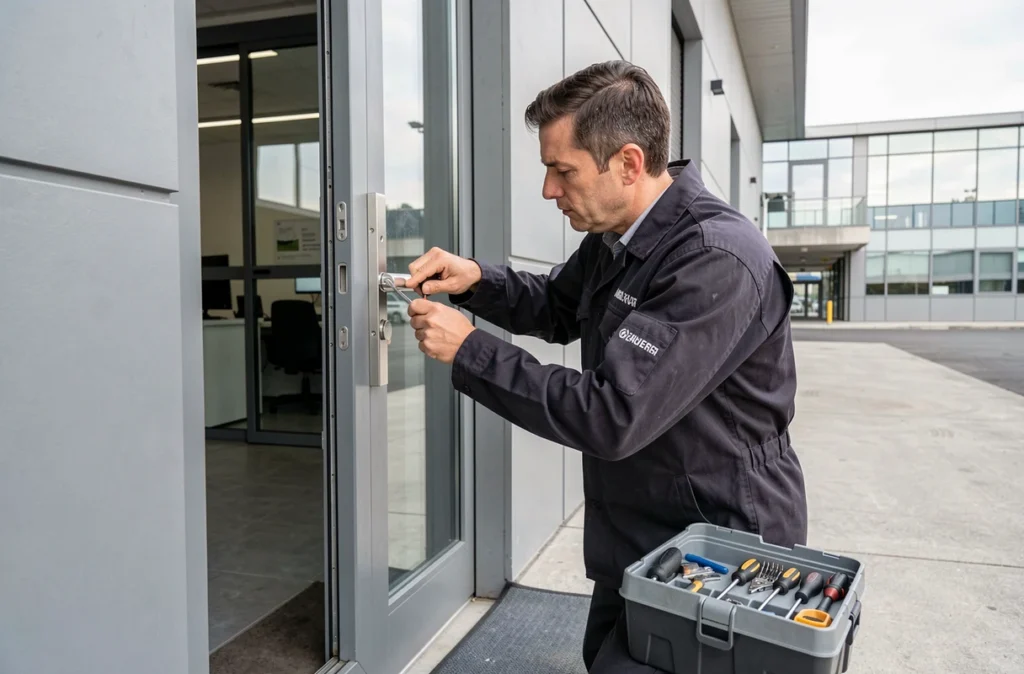 Serrurier d'Arenas Serrurerie installant une serrure blindée sur la porte d'un bâtiment commercial moderne dans le quartier des Arènes à Nice