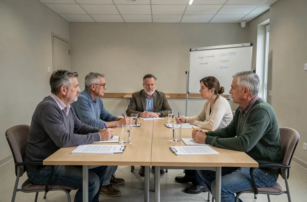 Assemblée générale de copropriétaires réunis autour d'une table pour discuter des charges communes et des travaux