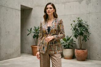 Femme portant un blazer à motifs géométriques associé à un pantalon en bouclé texturé pour un look moderne et élégant