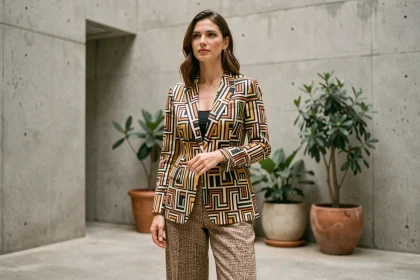 Femme portant un blazer à motifs géométriques associé à un pantalon en bouclé texturé pour un look moderne et élégant