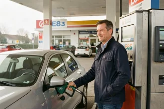 Automobiliste français faisant le plein d'éthanol E85 à une station-service
