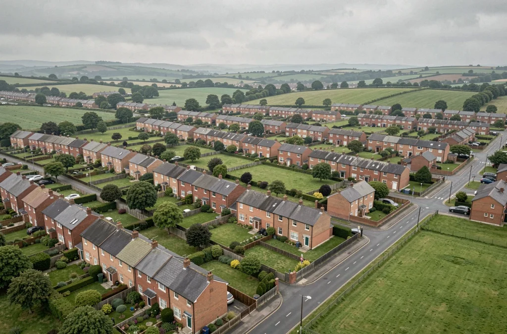 Vue aérienne d'un quartier résidentiel de la banlieue de Dublin avec des maisons mitoyennes en brique rouge et des jardins verts