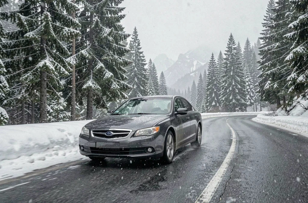 Berline grise sur une route de montagne enneigée avec des pneus toutes saisons en hiver