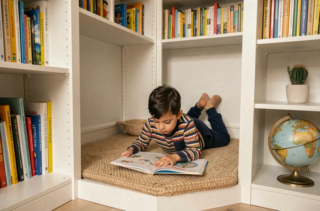 Garçon allongé dans une bibliothèque encastrée lisant un livre illustré dans un espace lecture aménagé pour enfants