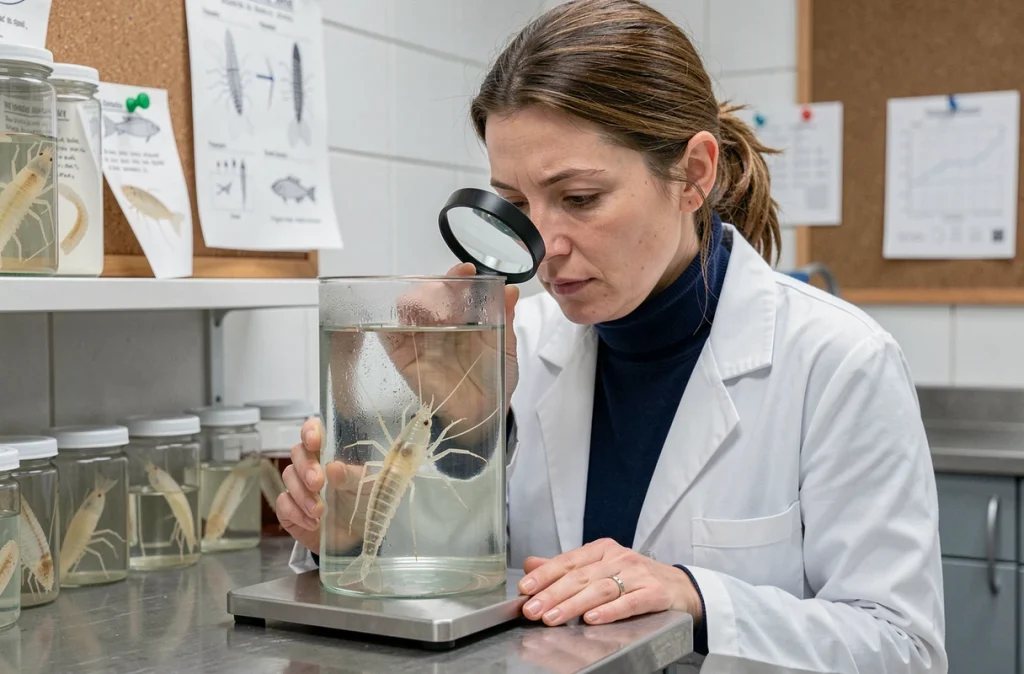Biologiste marine analysant un amphipode des grandes profondeurs dans un laboratoire spécialisé