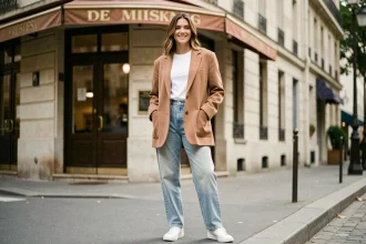 Femme portant un blazer oversized camel avec un jean droit et des sneakers blanches dans une rue parisienne