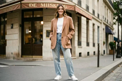 Femme portant un blazer oversized camel avec un jean droit et des sneakers blanches dans une rue parisienne