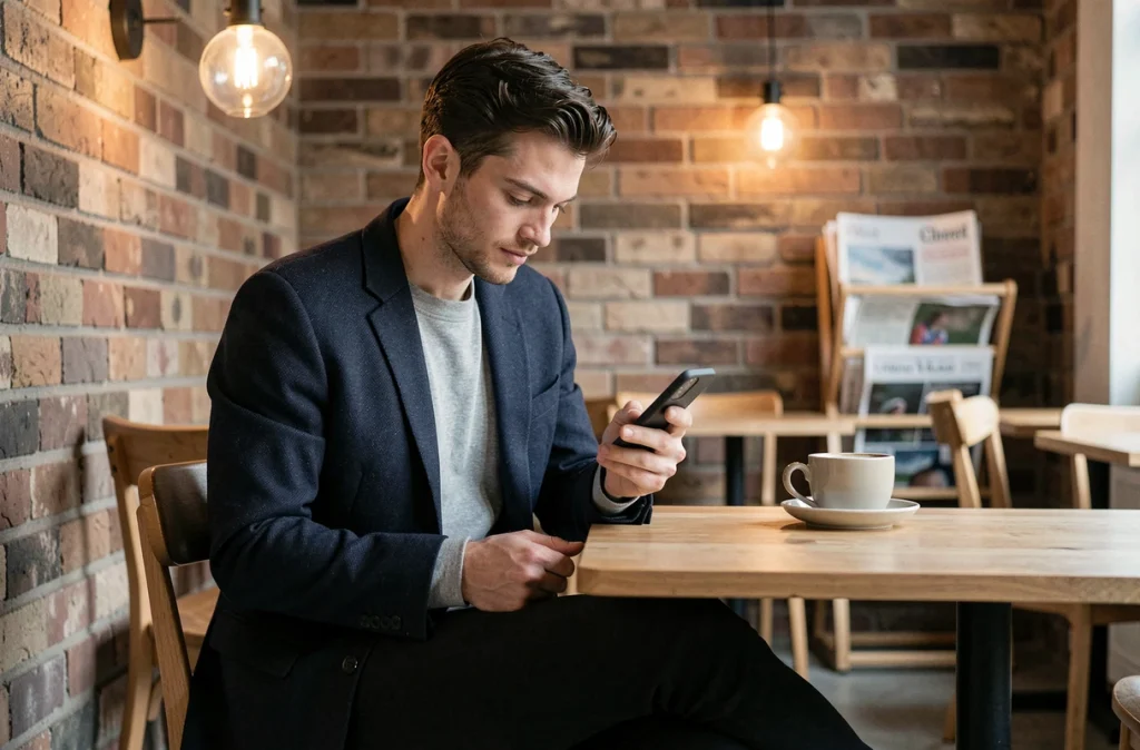 Homme en blazer oversized marine assis dans un café urbain avec une tasse de café