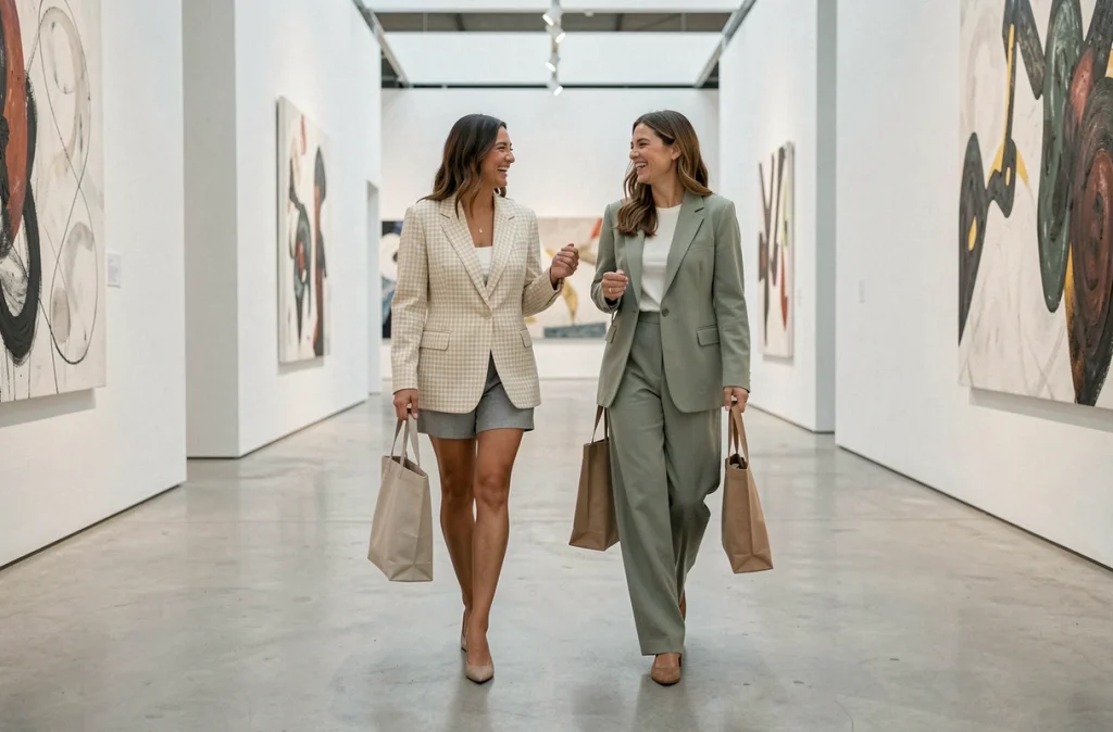 Deux femmes en blazers oversized tendance marchant dans une galerie d'art contemporaine