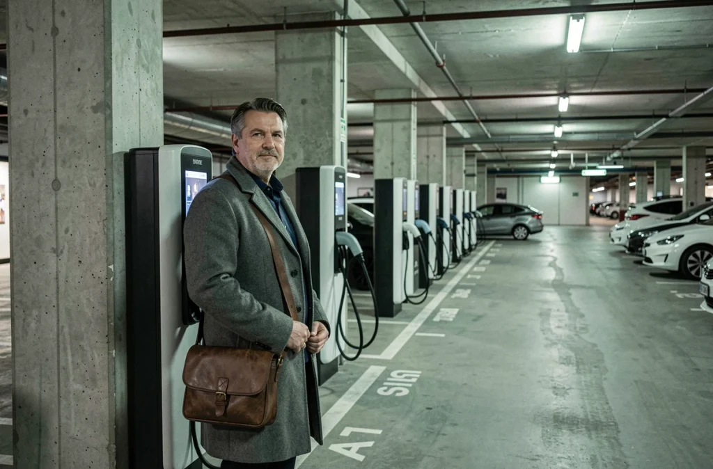 Homme debout devant des bornes de recharge rapide dans un parking souterrain urbain