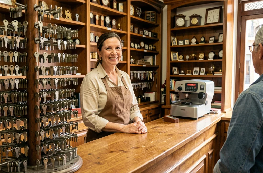 Intérieur de la boutique Borriglione Serrurerie Nice La Maison de la Clef avec présentoir de clés et vendeuse souriante derrière le comptoir