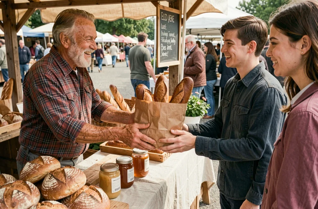 Boulanger artisan tendant un sac de pains au levain à des clients dans un marché de producteurs locaux