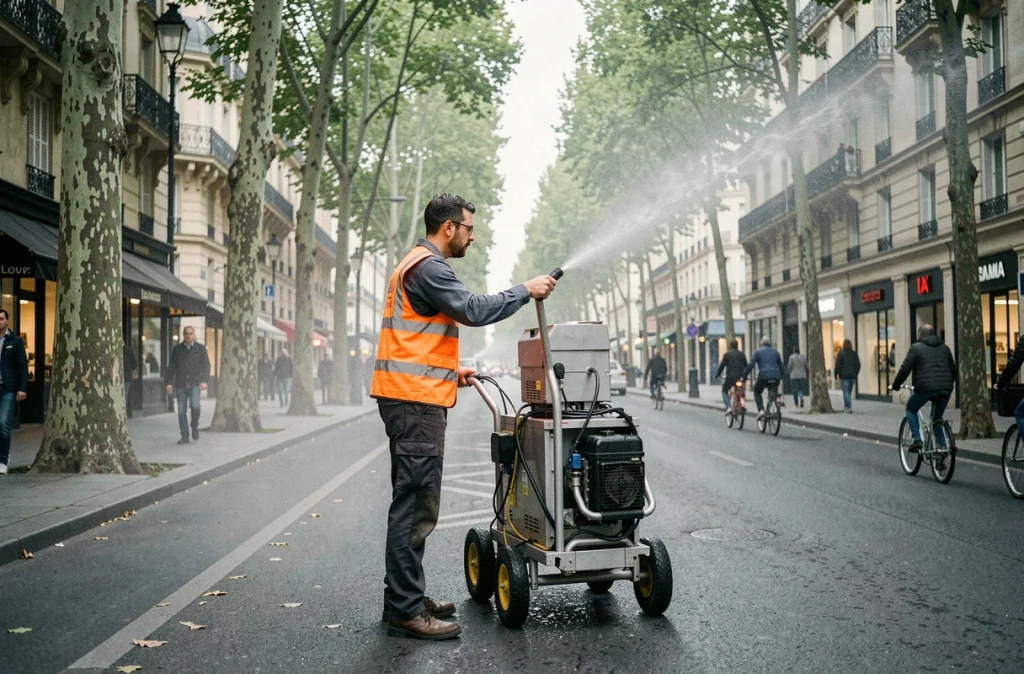 Agent municipal utilisant un système de brumisation mobile sur un boulevard parisien pour lutter contre la chaleur