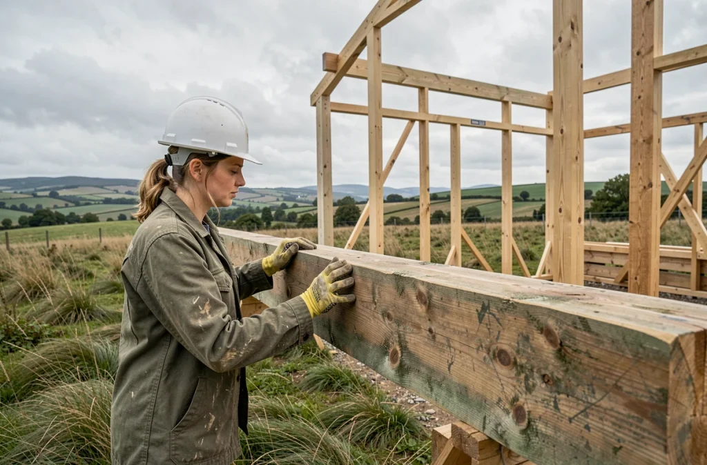 Ouvrière posant des poutres en bois recyclé sur le chantier d'une maison passive écologique en zone rurale