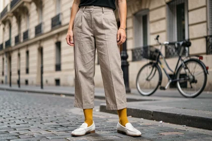 Jeune femme parisienne portant des chaussettes jaunes apparentes avec des mocassins blancs et un pantalon en lin, sur un trottoir pavé