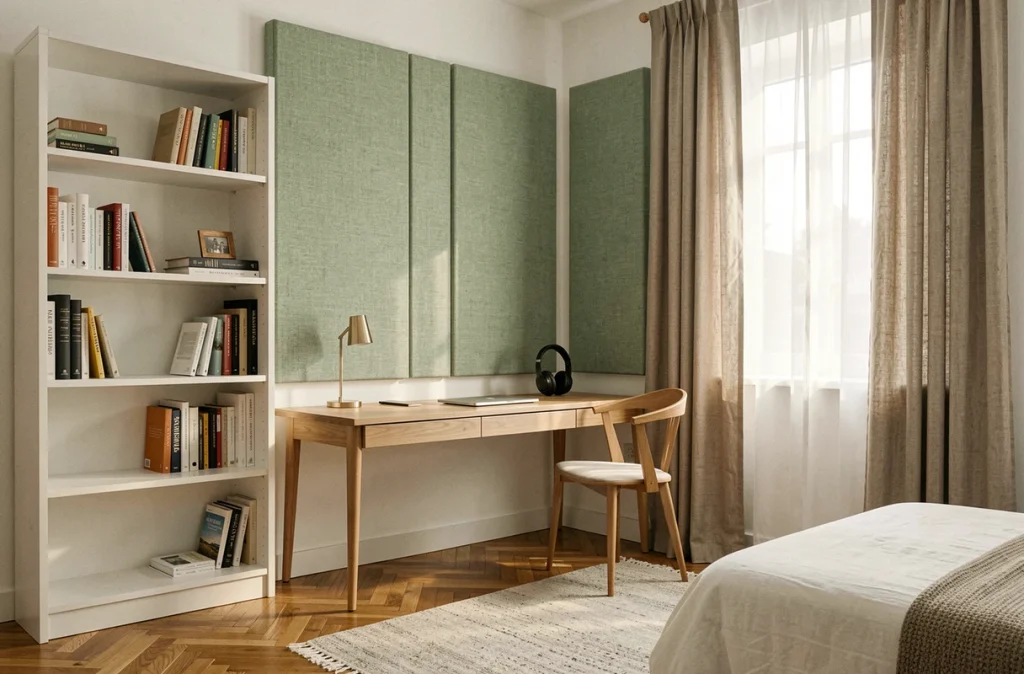 Coin chambre moderne avec panneaux acoustiques en tissu vert sauge et rideaux épais pour une isolation phonique optimale