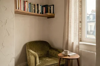 Coin lecture confortable aménagé dans une alcôve étroite avec fauteuil en velours vert olive et étagère de livres
