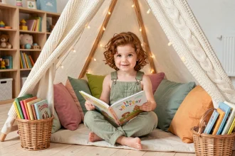 Petite fille lisant dans un coin lecture ludique en tipi en bois avec coussins colorés et livres pour enfants