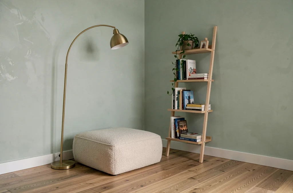 Petit coin lecture scandinave minimaliste avec pouf en bouclé, lampe laiton et étagère échelle dans un espace réduit
