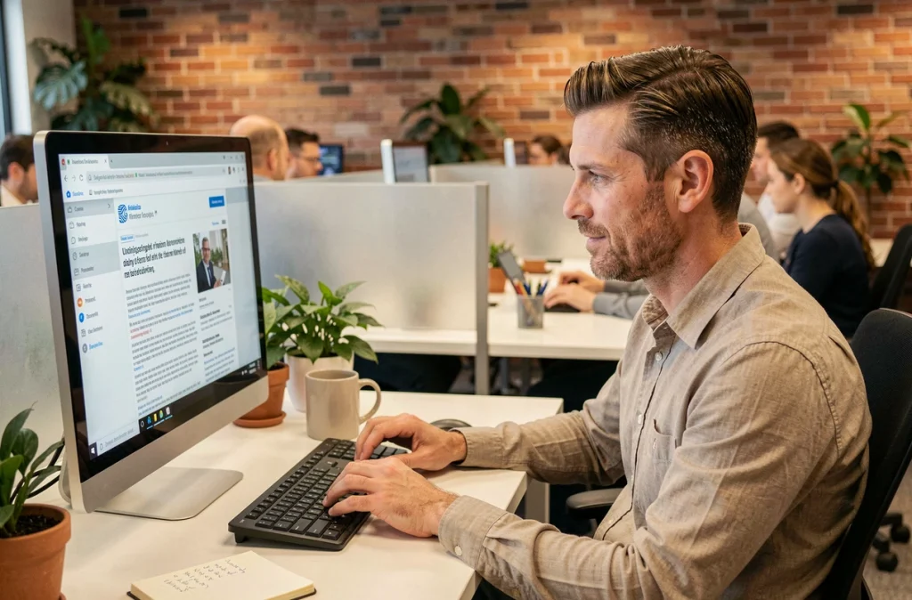 Collaborateur masculin lisant une newsletter interne d'entreprise sur son écran dans un open space calme et moderne, illustrant l'engagement par la communication interne