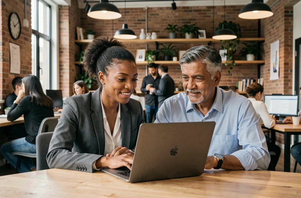 Deux collègues de générations et d'origines différentes collaborant sur un ordinateur portable dans un espace de coworking