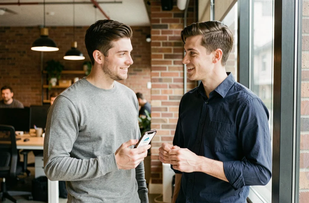 Deux jeunes collègues masculins discutant d'épargne salariale dans un espace de coworking