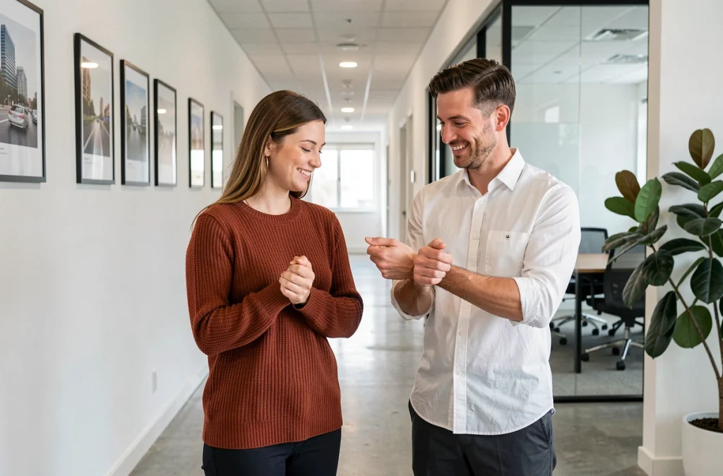 Deux collègues faisant des exercices d'étirement des poignets en pause dans un couloir de bureau pour prévenir les TMS