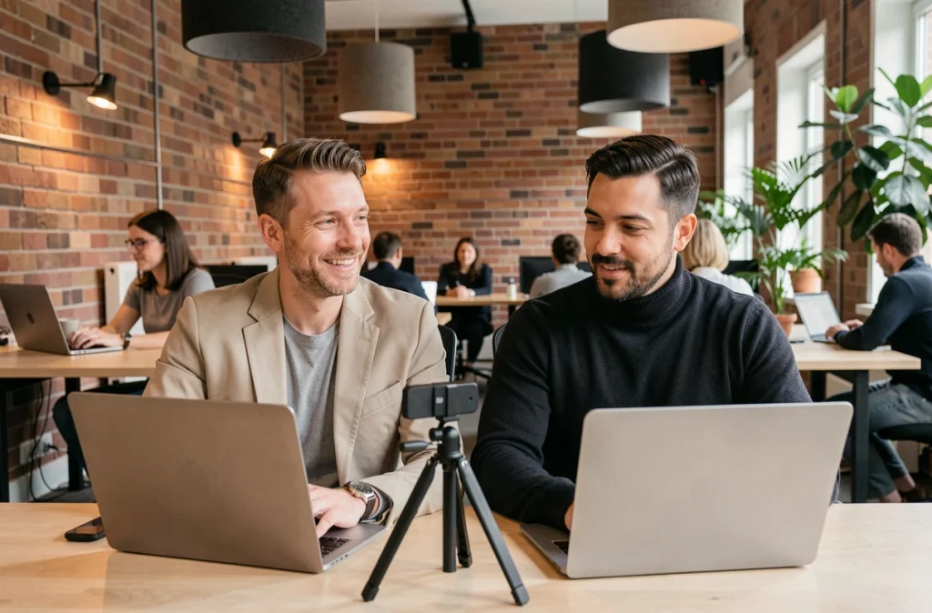 Deux collègues en télétravail participant à une réunion en visioconférence depuis un espace de coworking moderne