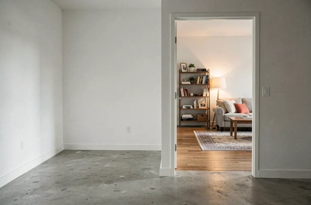 Comparaison visuelle entre un appartement vide et un appartement meublé à travers une porte ouverte