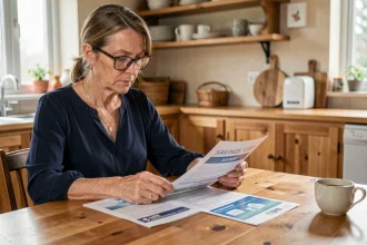 Femme de 45 ans comparant les brochures livret A et assurance vie à une table en bois dans une cuisine chaleureuse