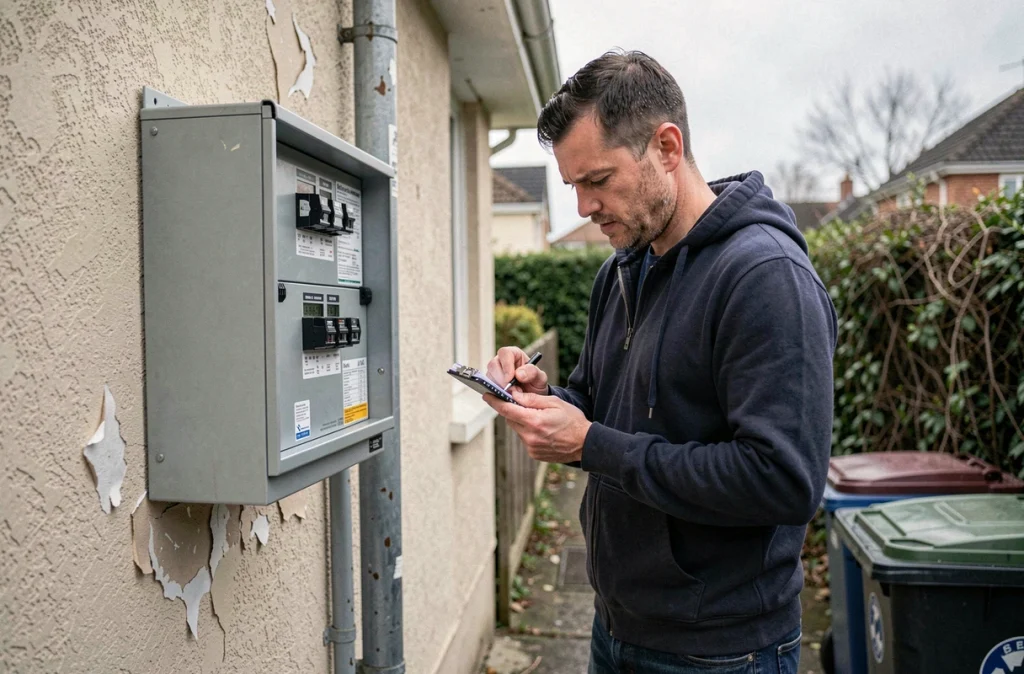 Homme relevant son compteur électrique extérieur pour surveiller sa consommation d'énergie