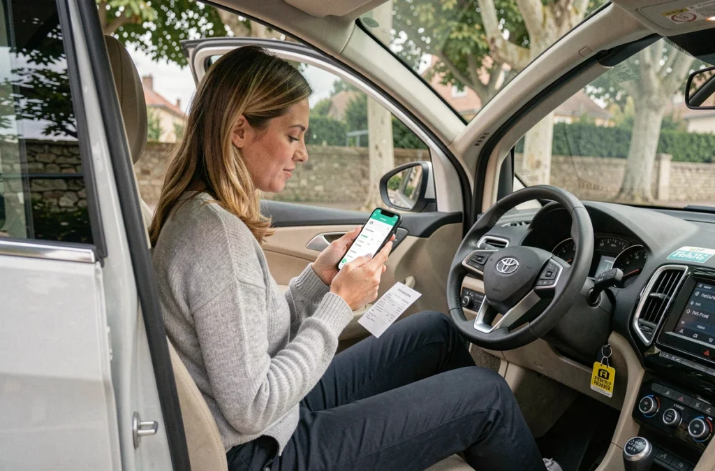Conductrice française consultant les économies réalisées avec le carburant éthanol E85